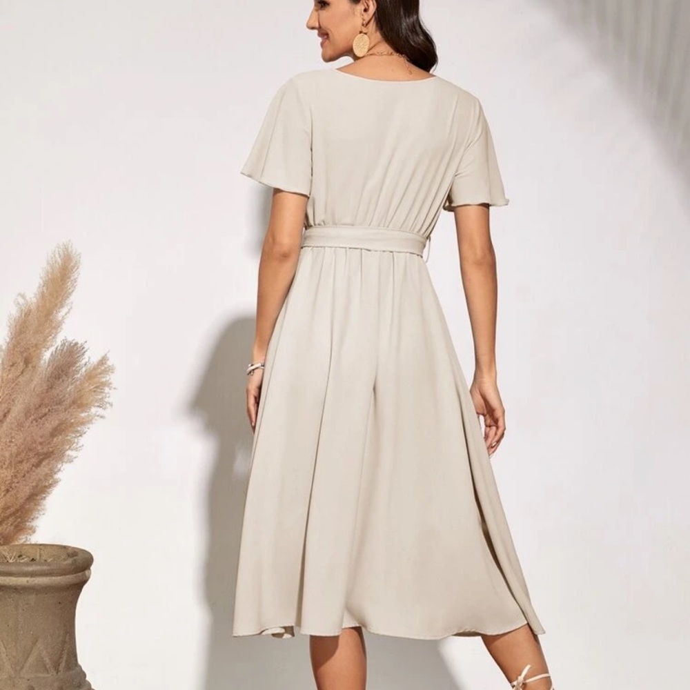 V neck flutter short sleeve faux wrap midi dress - Picture 15 of 16